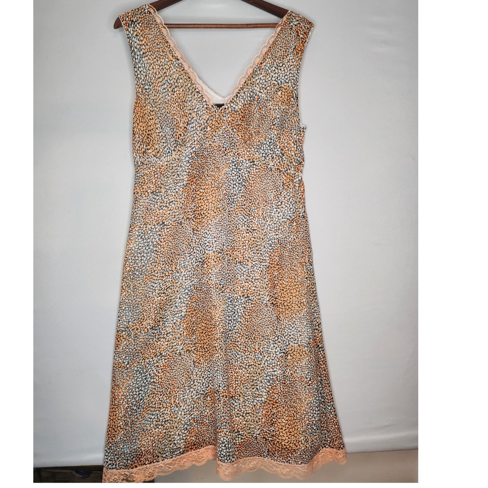 Parfums et Couture Floral Slip Dress Med Orange/Blue Lace Hem, Lined Silky